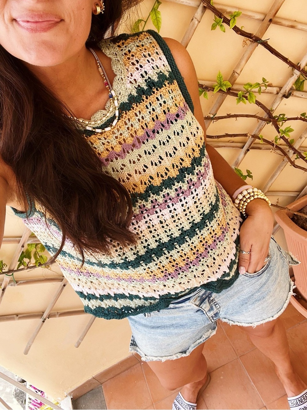 Universal Thread Multicolor Crochet Tank Top with Green Trim